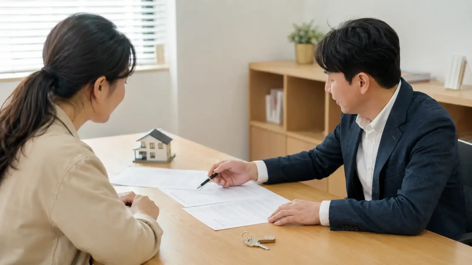 임차인이 상담사와 주택 열쇠와 보증금 조건을 확인하는 모습