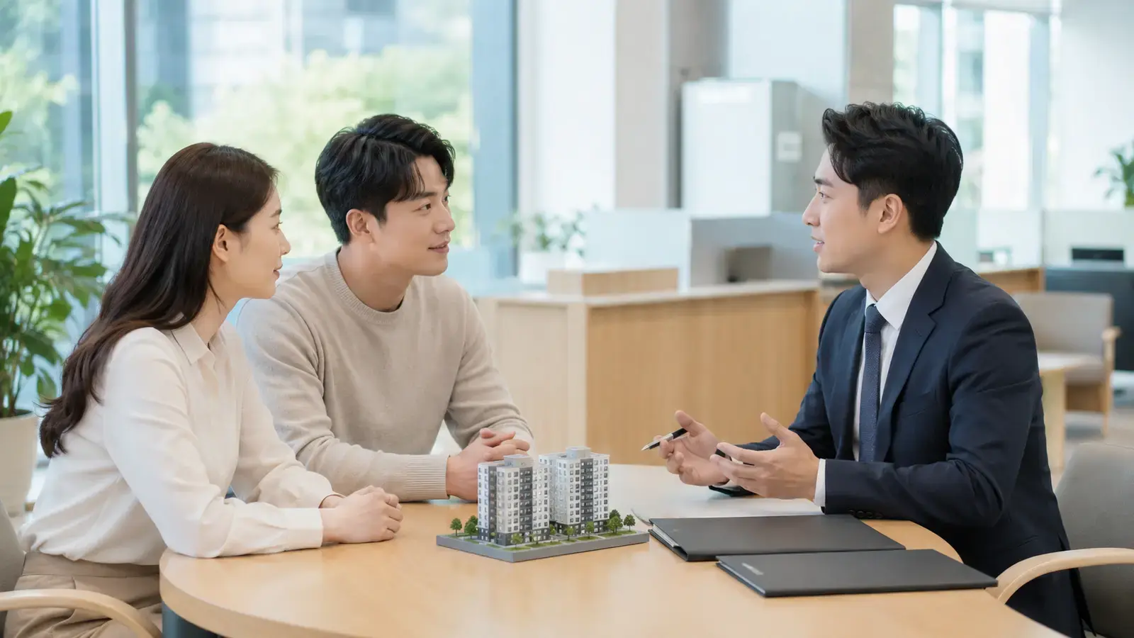 부부가 공공 상담 공간에서 임대차 보증 절차를 설명 듣는 모습