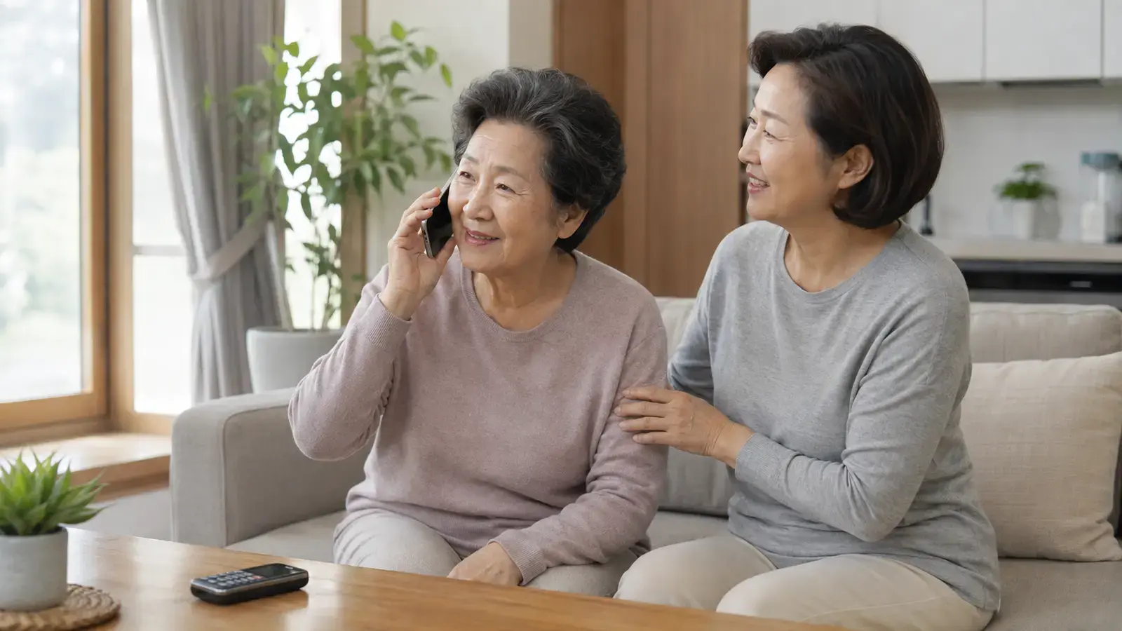 고령자가 가정에서 스마트폰 통화 방법을 익히는 모습