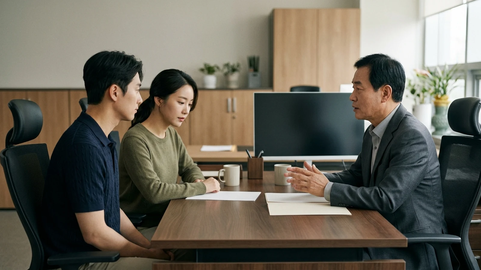 부부가 세무 상담사와 마주 앉아 서류를 보며 이야기하는 사무실 풍경