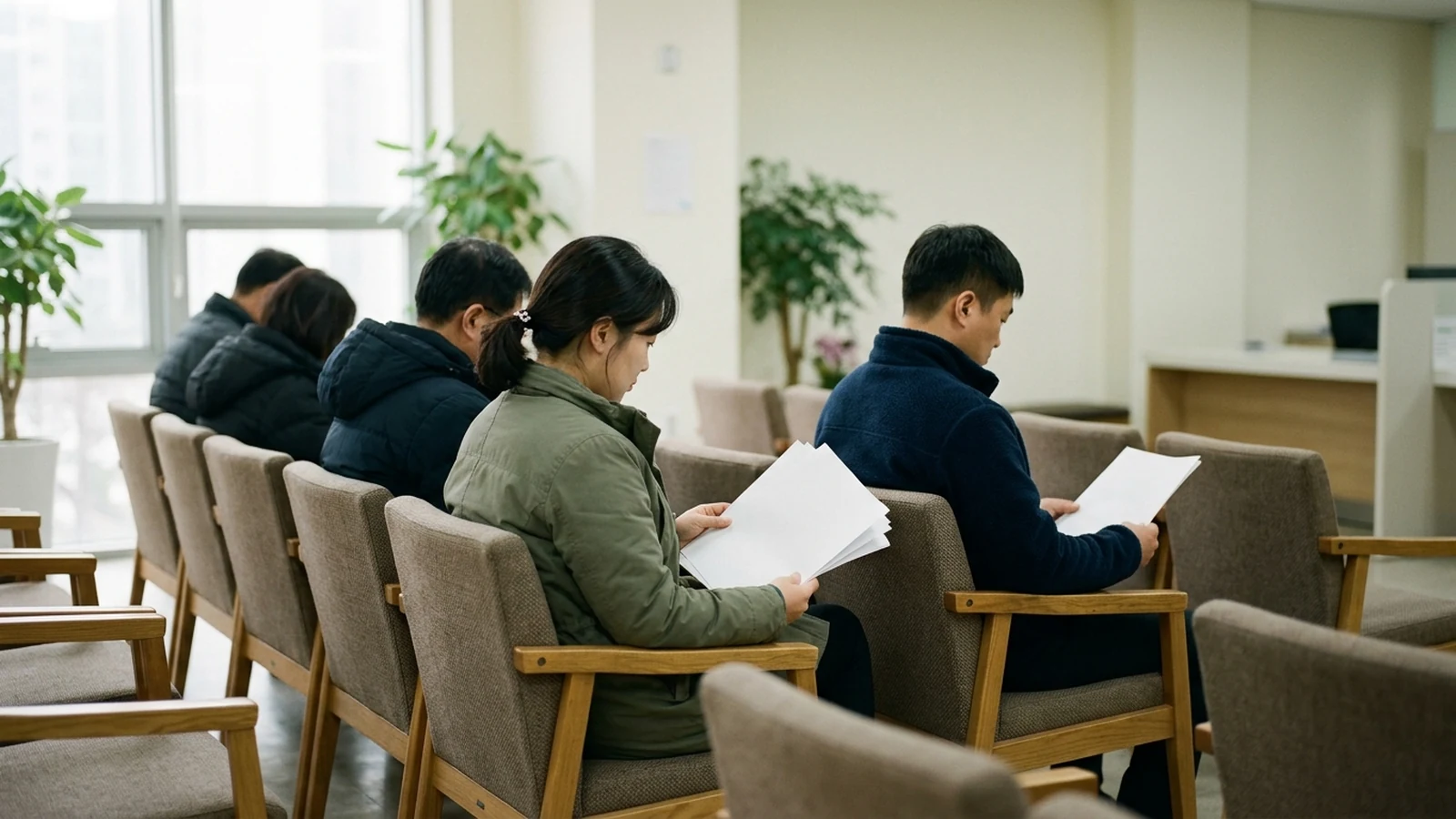 세무서 대기실 의자에 앉아 서류를 든 방문객들의 모습