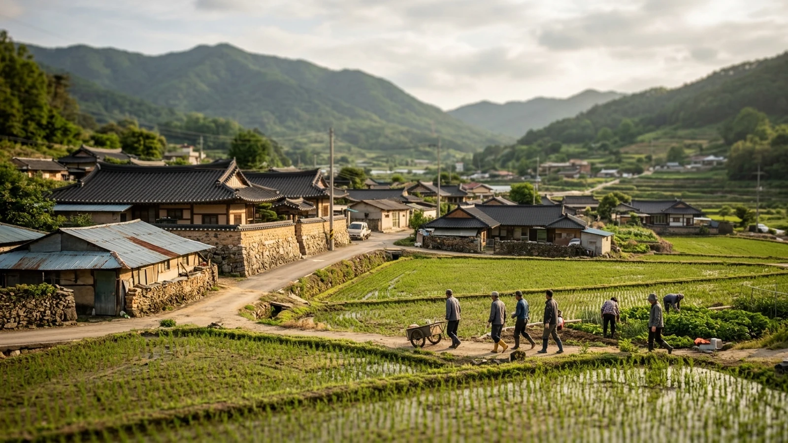 산 중턱에서 내려다본 한국 농촌 마을과 논, 좁은 길을 따라 걸어가는 주민들