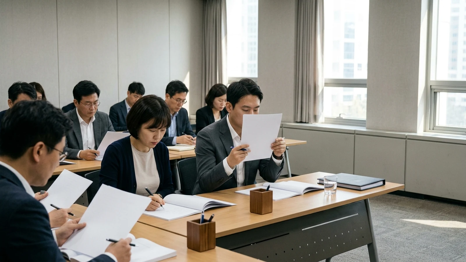 정부와 금융기관 관계자들이 회의실에 모여 자료를 검토하며 정비사업 정상화 방안을 점검하는 모습