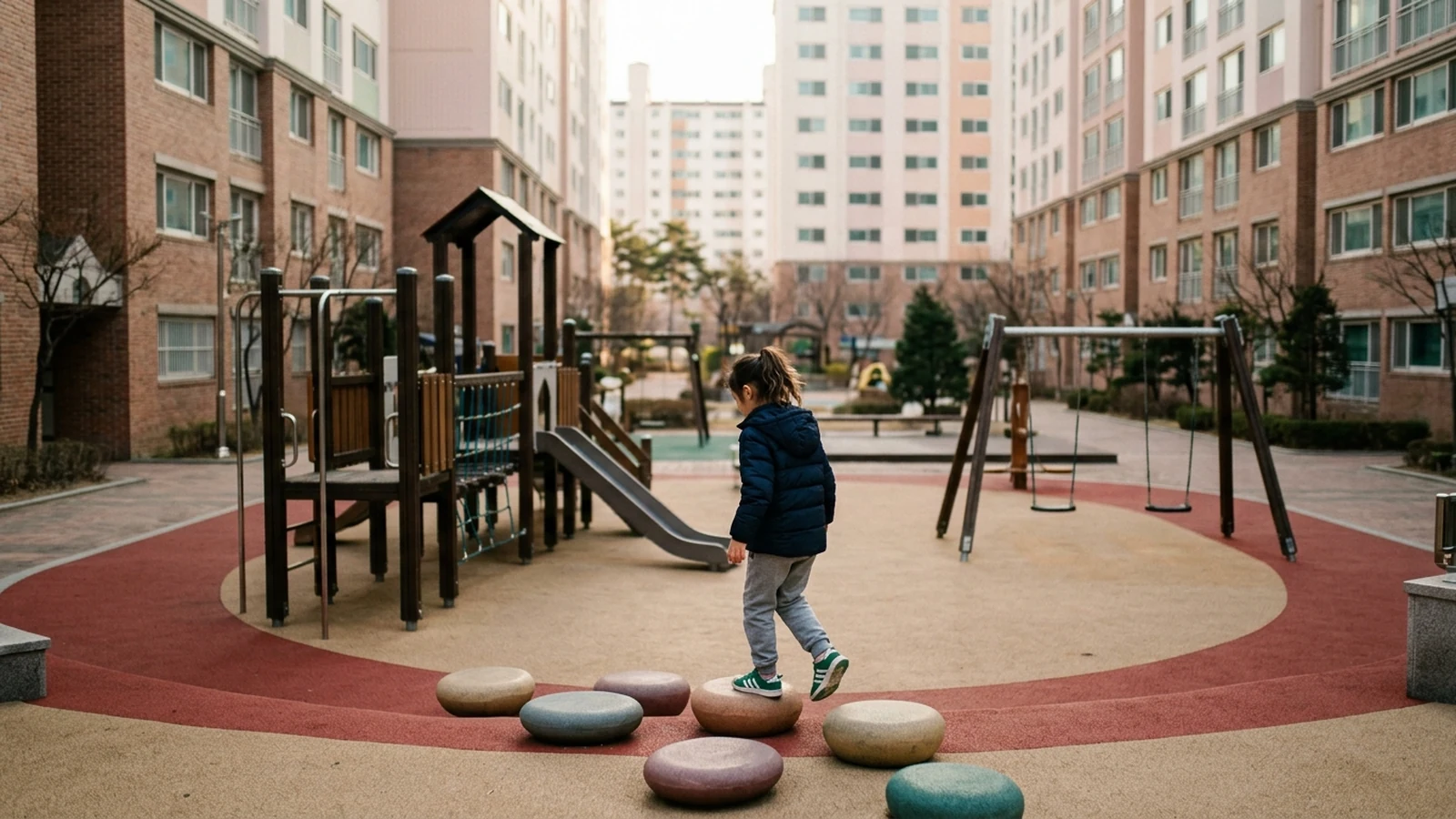 아파트 단지 놀이터에서 혼자 징검다리 모양 디딤돌을 건너는 아이, 주변에 다른 아이 없이 놀이기구만 비어 있는 모습
